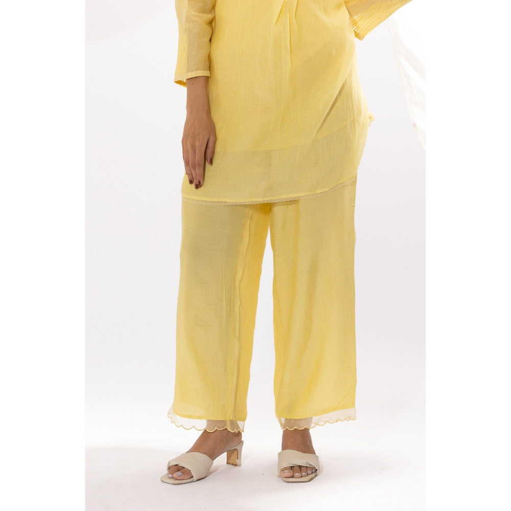 PANTS AND PAJAMAS Light Yellow Chanderi Mull Chikan Kurta with Pant (Set of 2)
