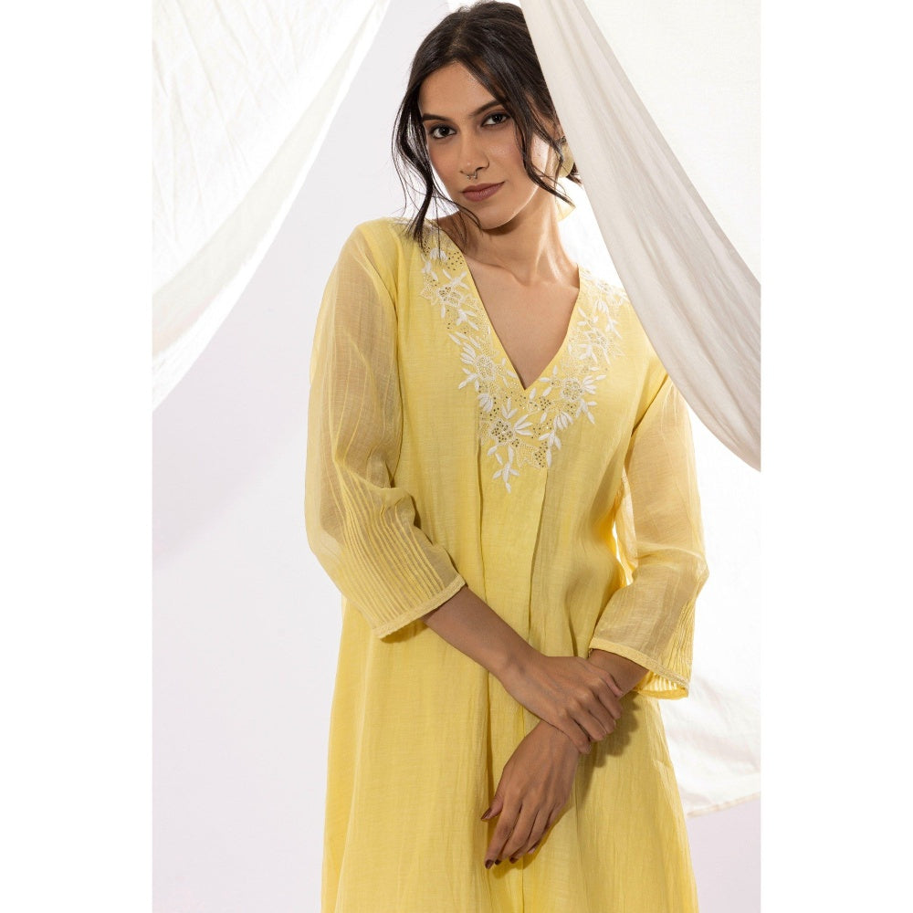 PANTS AND PAJAMAS Light Yellow Chanderi Mull Chikan Kurta