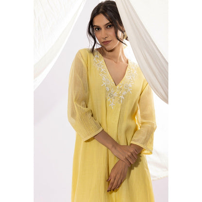 PANTS AND PAJAMAS Light Yellow Chanderi Mull Chikan Kurta