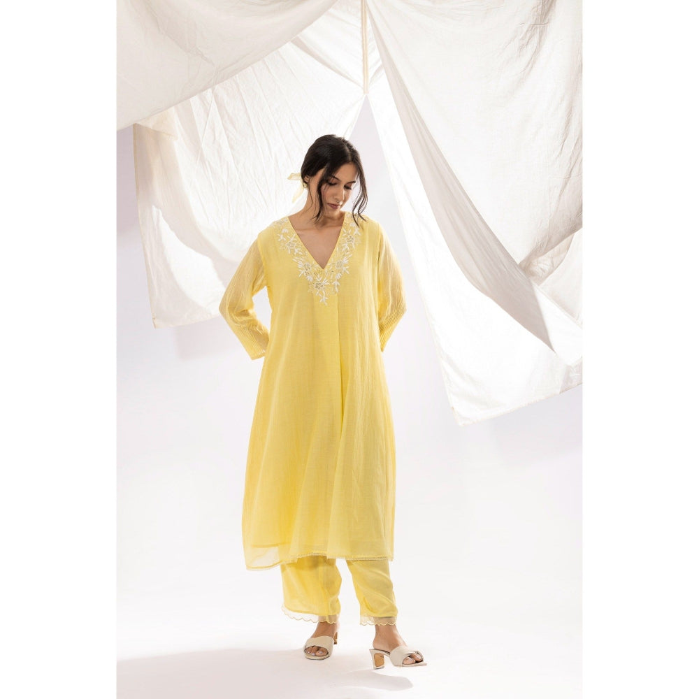 PANTS AND PAJAMAS Light Yellow Chanderi Mull Chikan Kurta