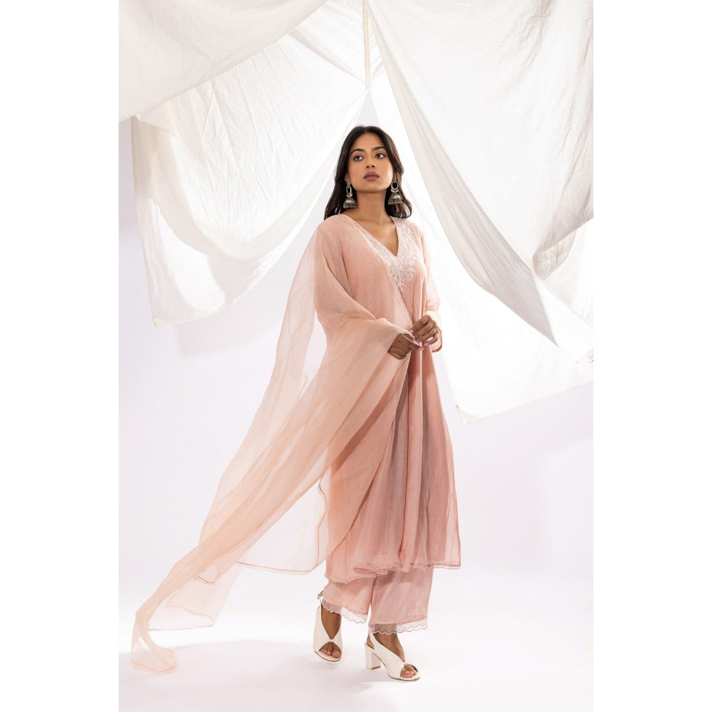 PANTS AND PAJAMAS Blush Pink Chanderi Mull Chikan Kurta with Pant & Dupatta (Set of 3)