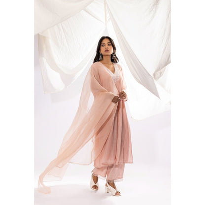 PANTS AND PAJAMAS Blush Pink Chanderi Mull Chikan Kurta with Pant & Dupatta (Set of 3)