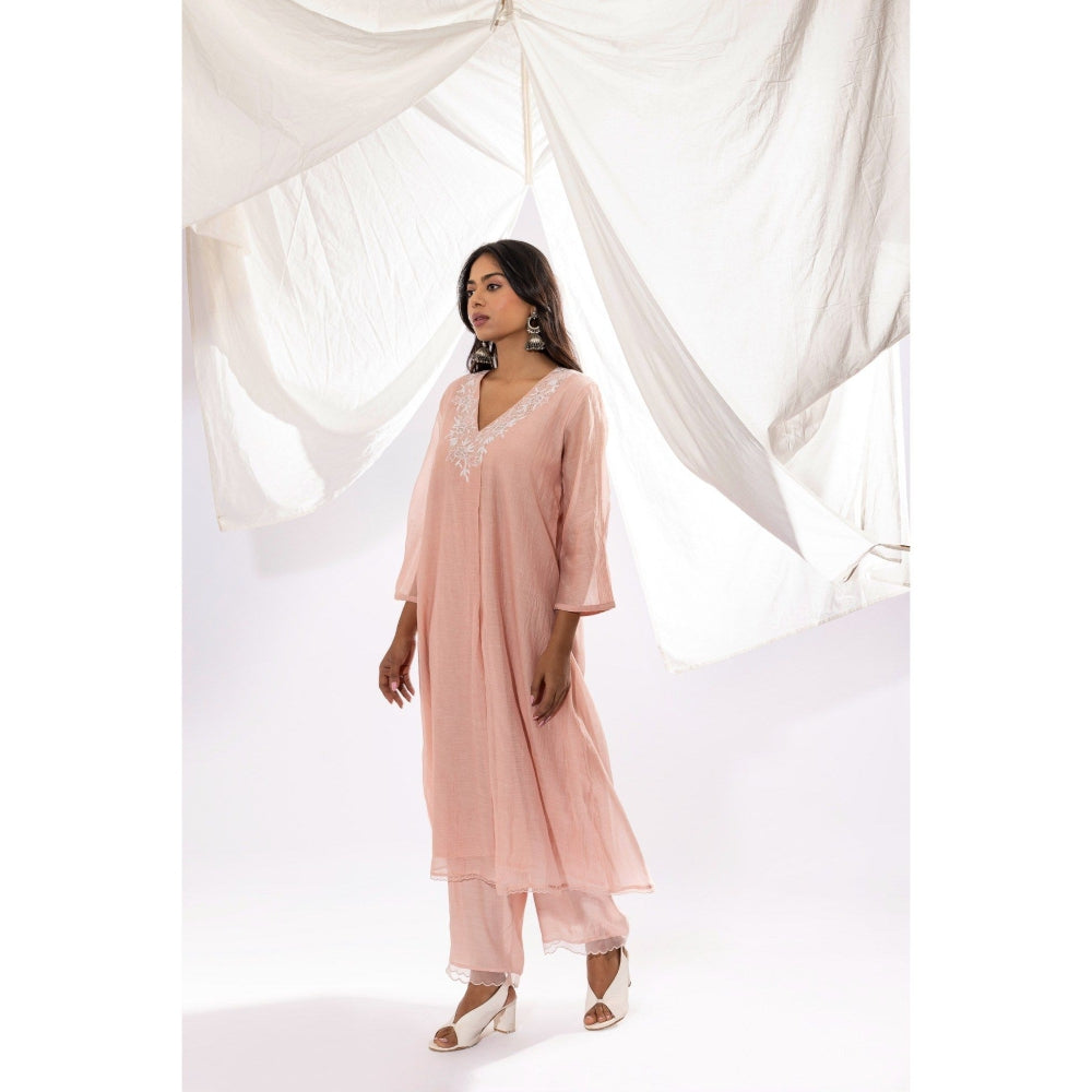PANTS AND PAJAMAS Blush Pink Chanderi Mull Chikan Kurta with Pant & Dupatta (Set of 3)