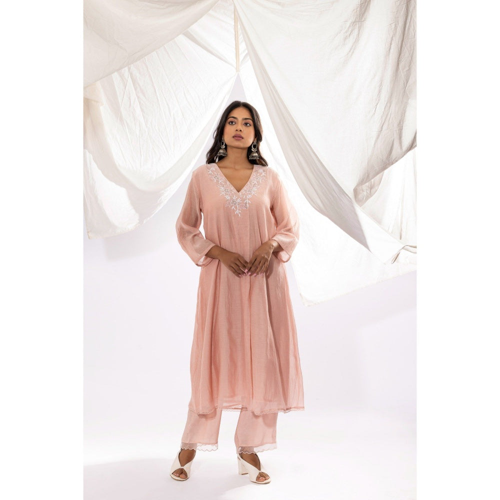 PANTS AND PAJAMAS Blush Pink Chanderi Mull Chikan Kurta with Pant & Dupatta (Set of 3)