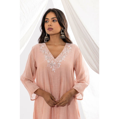 PANTS AND PAJAMAS Blush Pink Chanderi Mull Chikan Kurta with Pant & Dupatta (Set of 3)