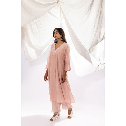 PANTS AND PAJAMAS Blush Pink Chanderi Mull Chikan Kurta with Pant (Set of 2)