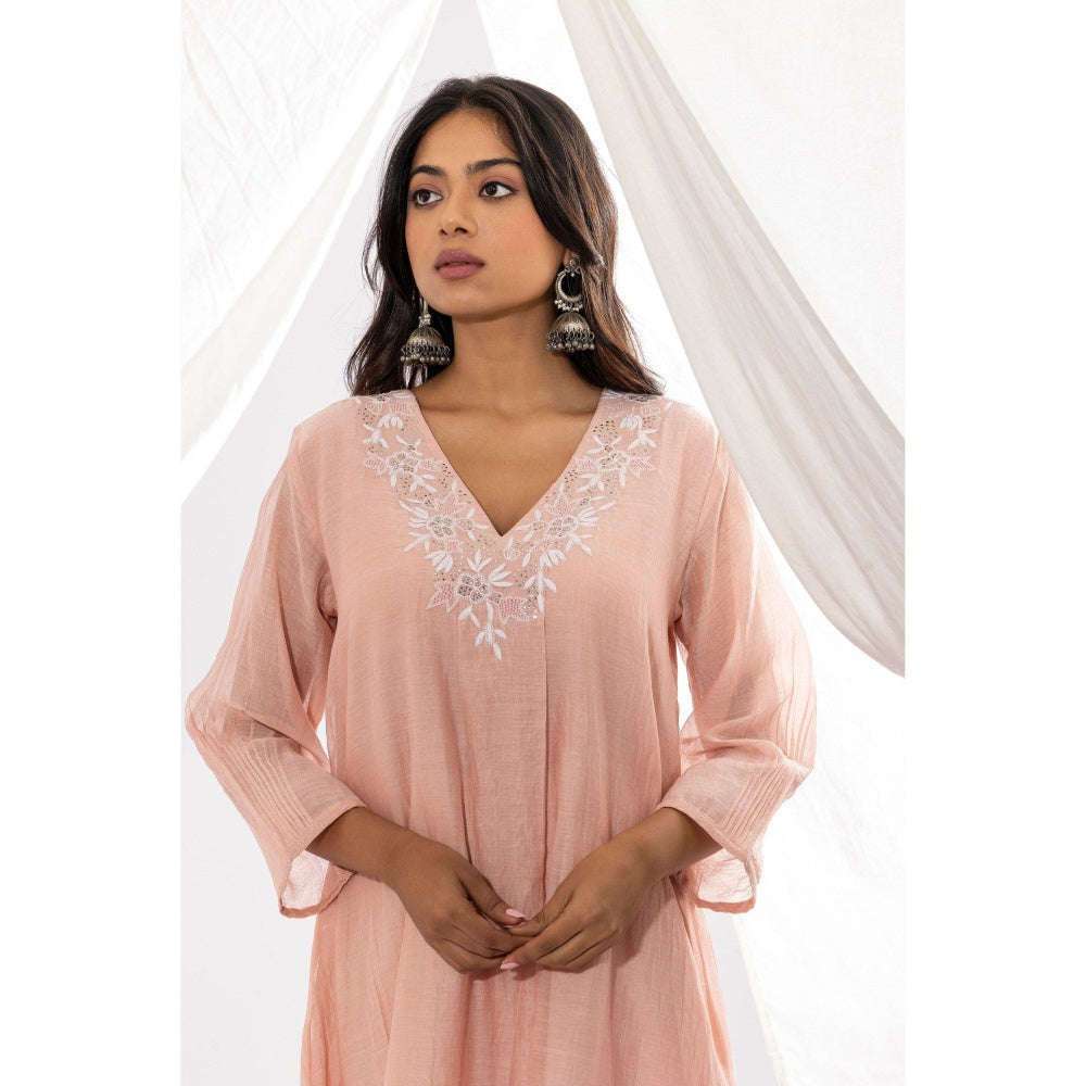 PANTS AND PAJAMAS Blush Pink Chanderi Mull Chikan Kurta with Pant (Set of 2)