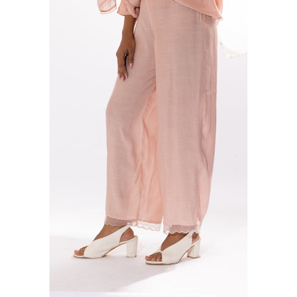 PANTS AND PAJAMAS Blush Pink Chanderi Mull Chikan Kurta with Pant (Set of 2)