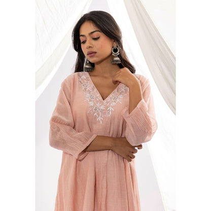 PANTS AND PAJAMAS Blush Pink Chanderi Mull Chikan Kurta with Pant (Set of 2)