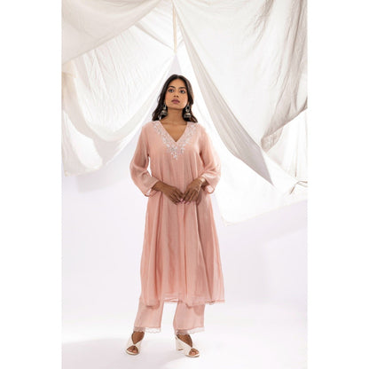 PANTS AND PAJAMAS Blush Pink Chanderi Mull Chikan Kurta