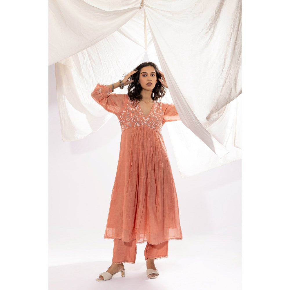 PANTS AND PAJAMAS Peach Chanderi Mull Chikan Kurta with Pant (Set of 2)