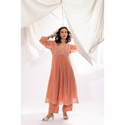 PANTS AND PAJAMAS Peach Chanderi Mull Chikan Kurta with Pant (Set of 2)
