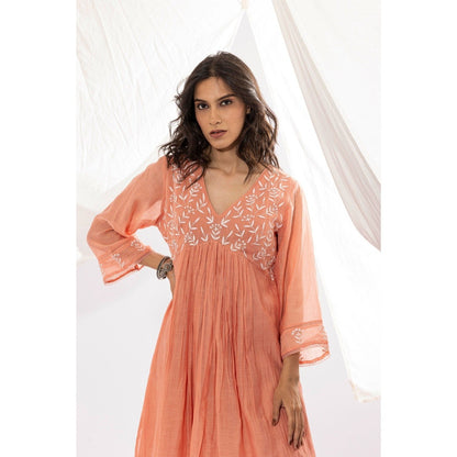 PANTS AND PAJAMAS Peach Chanderi Mull Chikan Kurta with Pant (Set of 2)