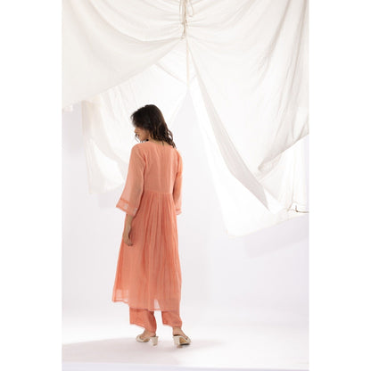 PANTS AND PAJAMAS Peach Chanderi Mull Chikan Kurta