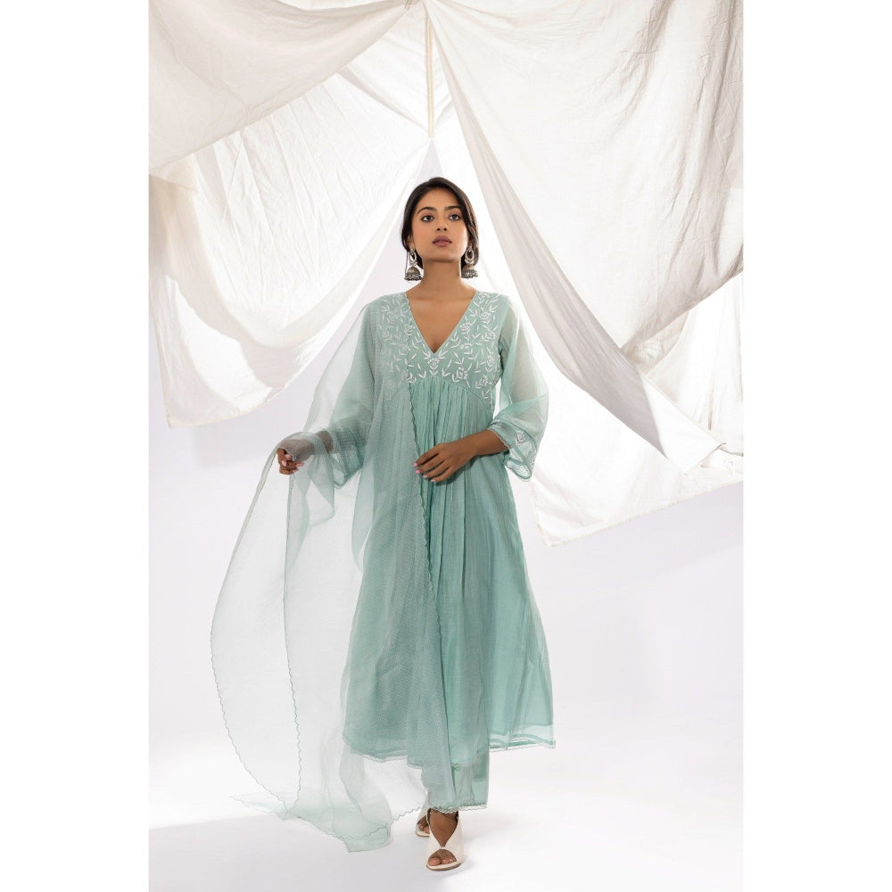 PANTS AND PAJAMAS Aqua Chanderi Mull Chikan Kurta with Pant & Dupatta (Set of 3)