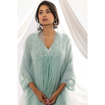 PANTS AND PAJAMAS Aqua Chanderi Mull Chikan Kurta with Pant & Dupatta (Set of 3)