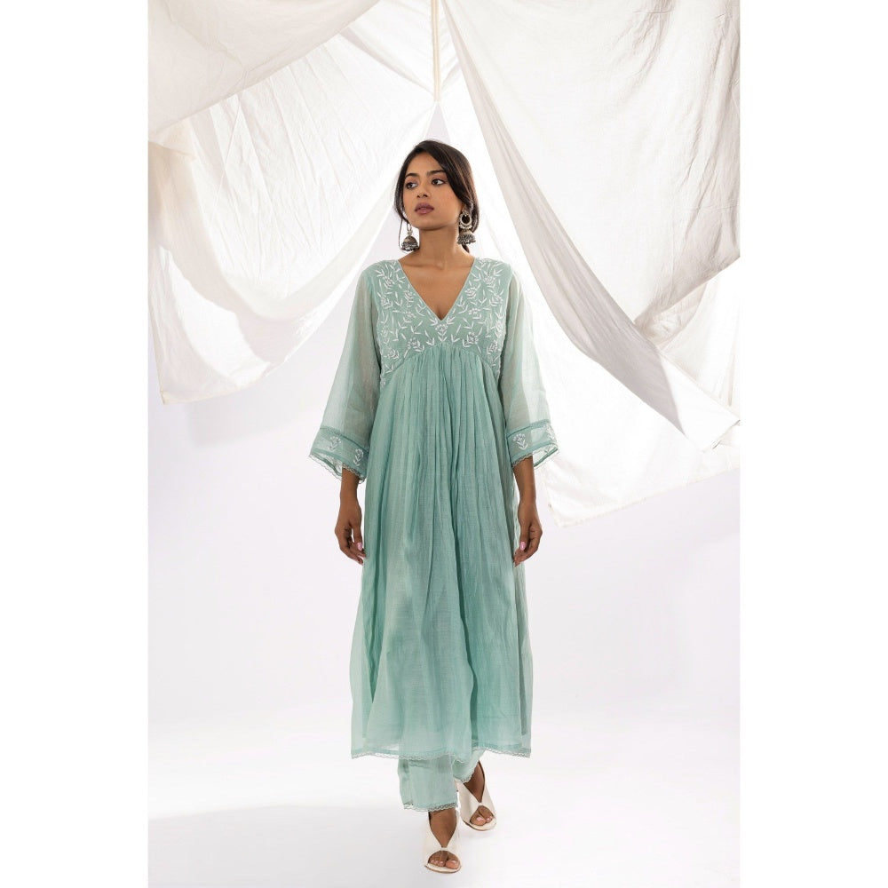 PANTS AND PAJAMAS Aqua Chanderi Mull Chikan Kurta with Pant (Set of 2)
