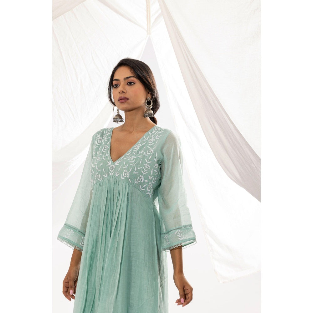 PANTS AND PAJAMAS Aqua Chanderi Mull Chikan Kurta with Pant (Set of 2)