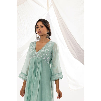 PANTS AND PAJAMAS Aqua Chanderi Mull Chikan Kurta with Pant (Set of 2)