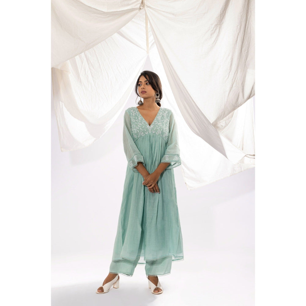 PANTS AND PAJAMAS Aqua Chanderi Mull Chikan Kurta