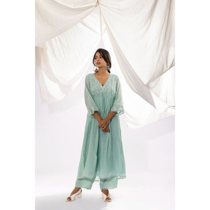 PANTS AND PAJAMAS Aqua Chanderi Mull Chikan Kurta