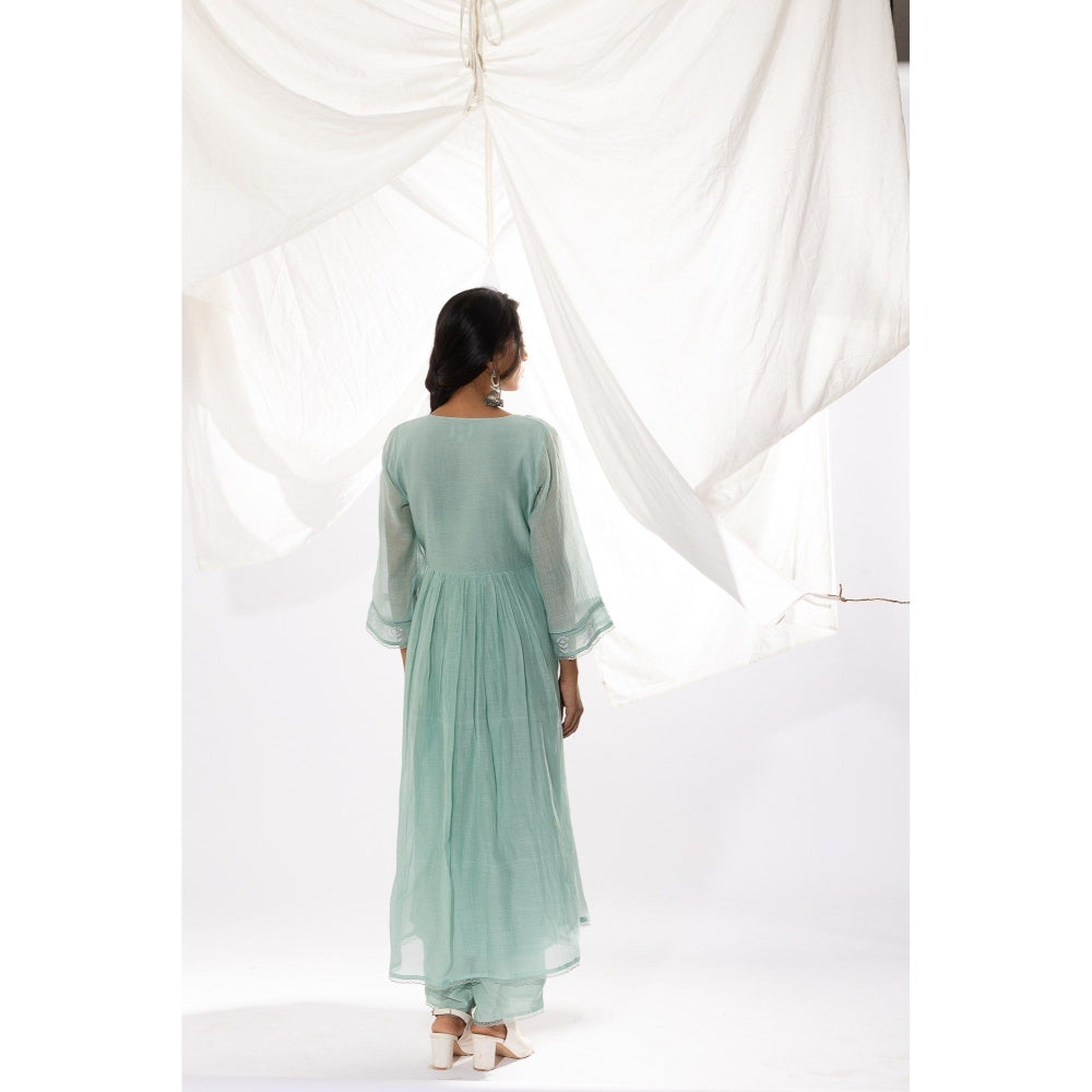 PANTS AND PAJAMAS Aqua Chanderi Mull Chikan Kurta