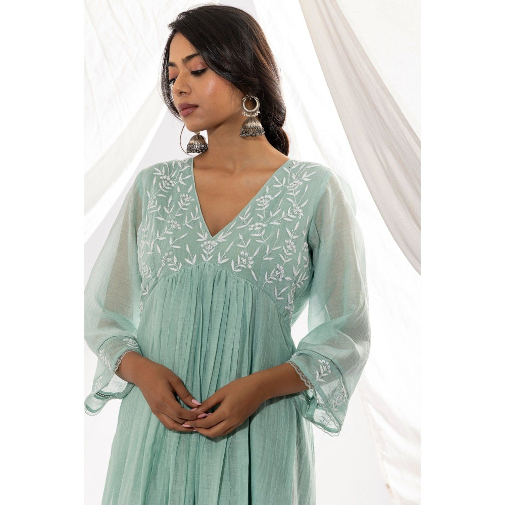 PANTS AND PAJAMAS Aqua Chanderi Mull Chikan Kurta