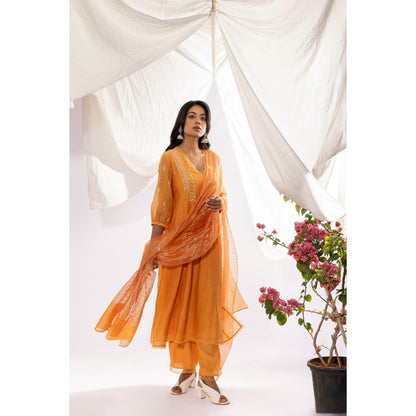 PANTS AND PAJAMAS Orange Chanderi Mull Chikan Kurta with Pant & Dupatta (Set of 3)