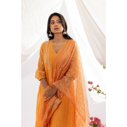 PANTS AND PAJAMAS Orange Chanderi Mull Chikan Kurta with Pant & Dupatta (Set of 3)