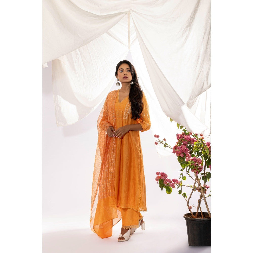 PANTS AND PAJAMAS Orange Chanderi Mull Chikan Kurta with Pant & Dupatta (Set of 3)