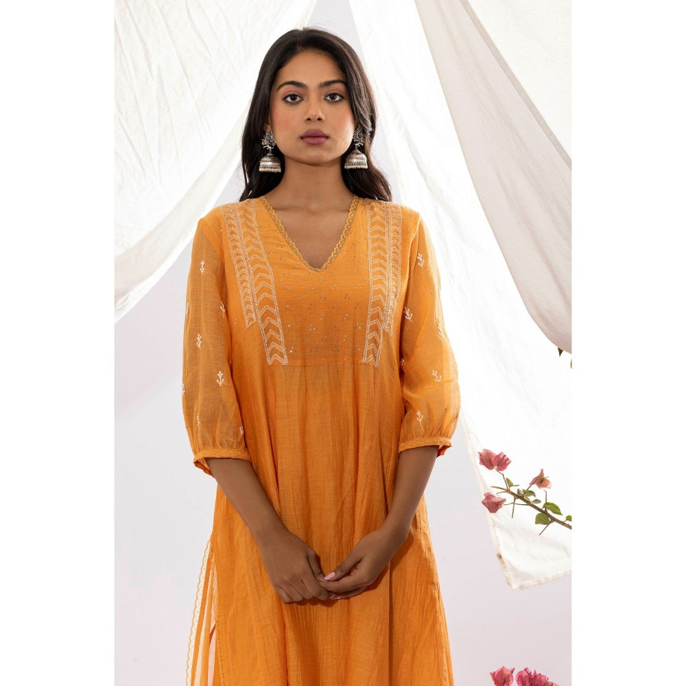 PANTS AND PAJAMAS Orange Chanderi Mull Chikan Kurta with Pant (Set of 2)