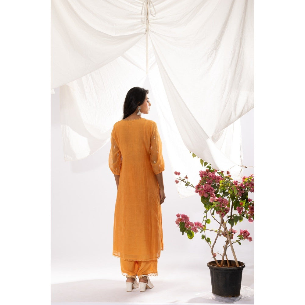 PANTS AND PAJAMAS Orange Chanderi Mull Chikan Kurta with Pant (Set of 2)