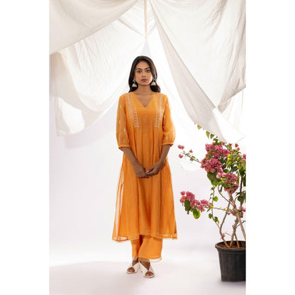 PANTS AND PAJAMAS Orange Chanderi Mull Chikan Kurta