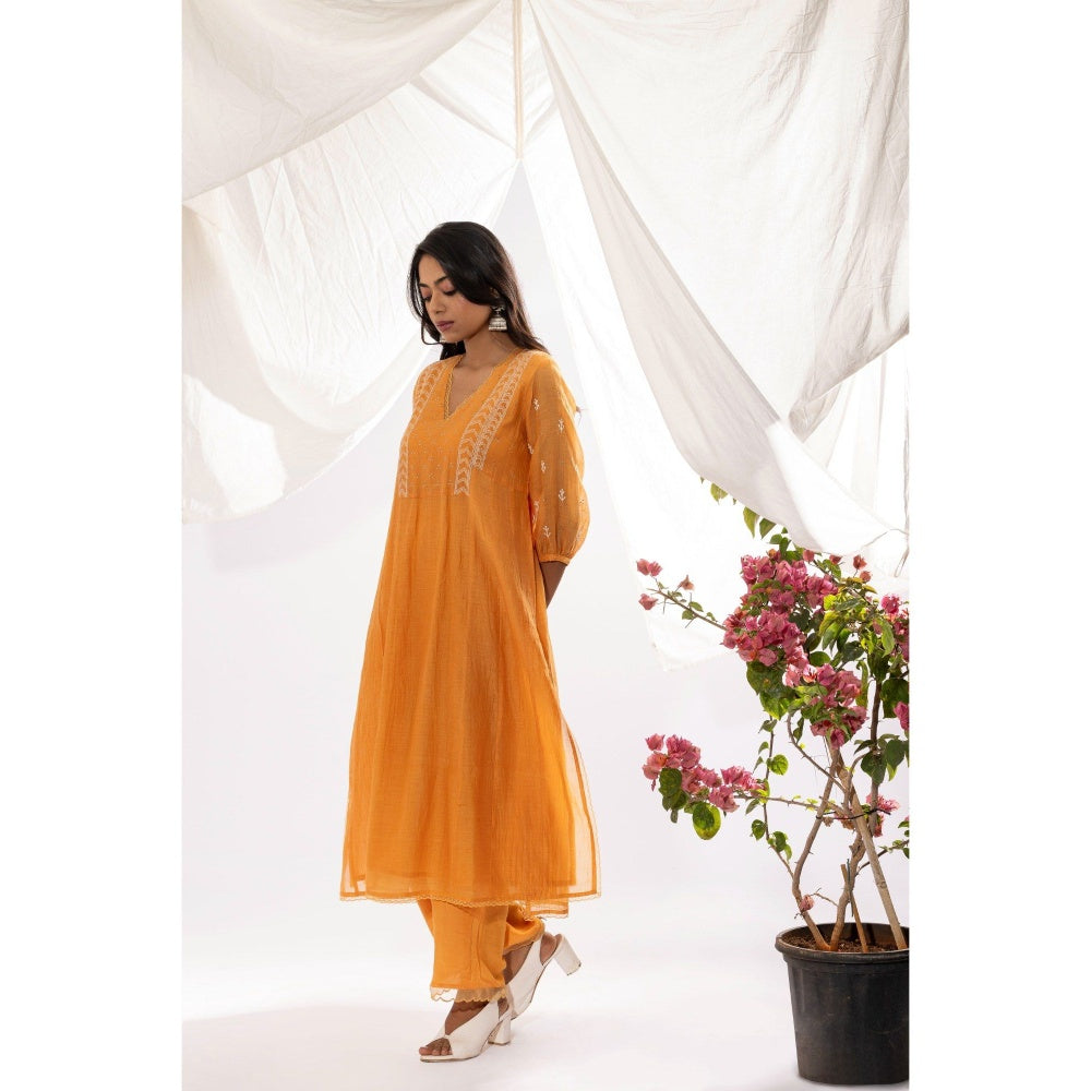 PANTS AND PAJAMAS Orange Chanderi Mull Chikan Kurta