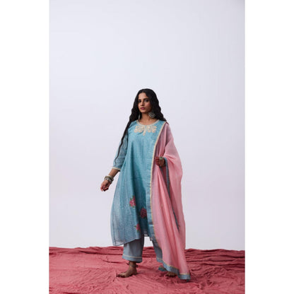 Pant AND PAJAMAS Women Cotton Silk Blue Kurta with Pant and Dupatta