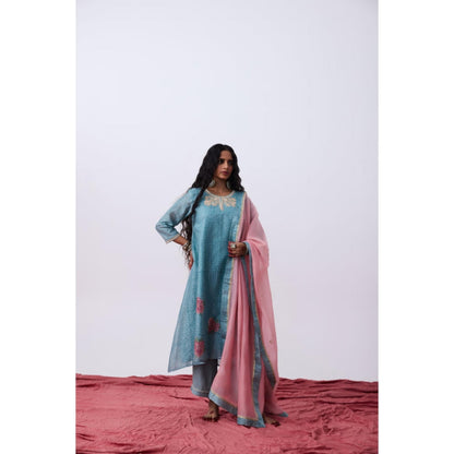 Pant AND PAJAMAS Women Cotton Silk Blue Kurta with Pant and Dupatta
