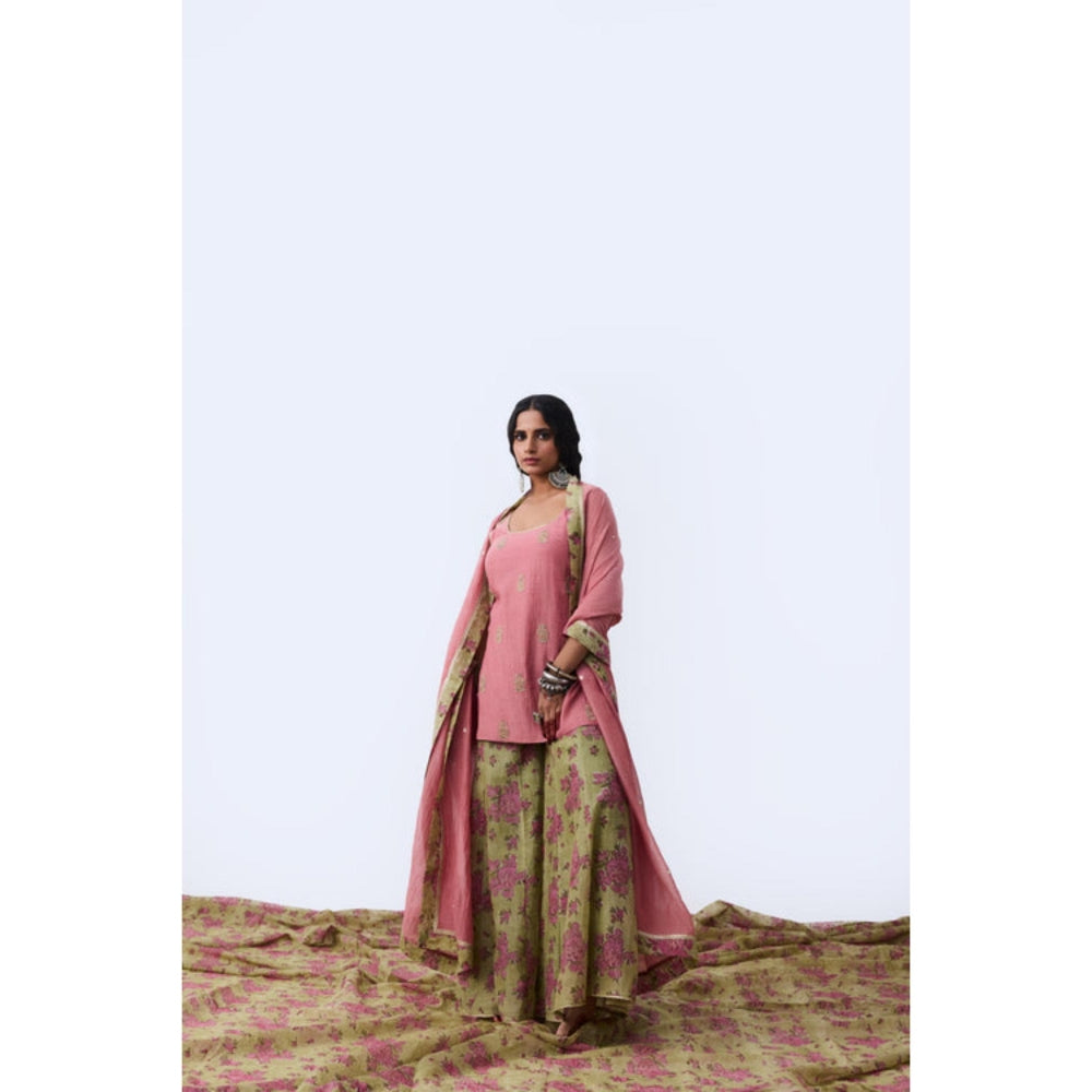 Pant AND PAJAMAS Women Chanderi Pink Kurta with Sharara and Dupatta