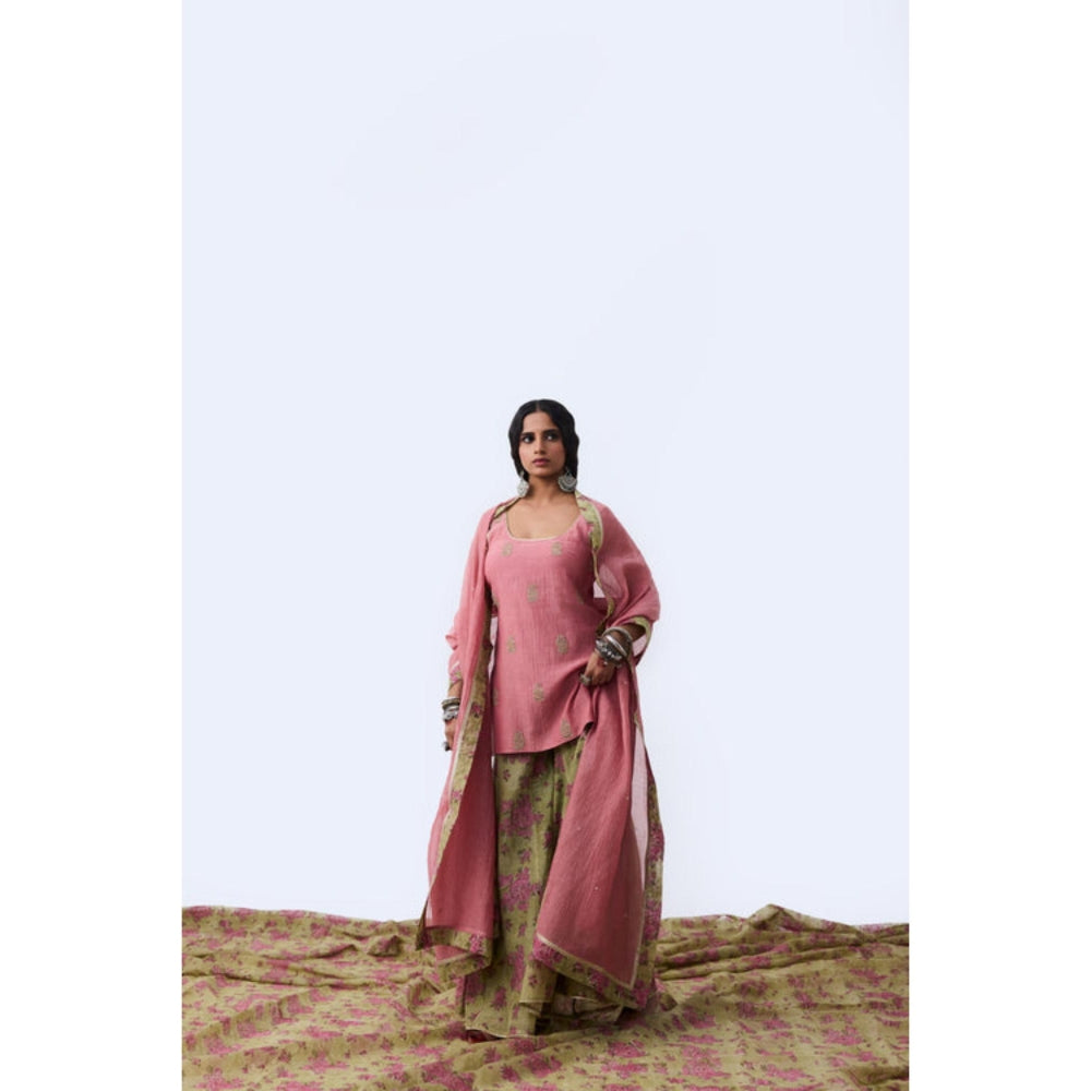 Pant AND PAJAMAS Women Chanderi Pink Kurta with Sharara