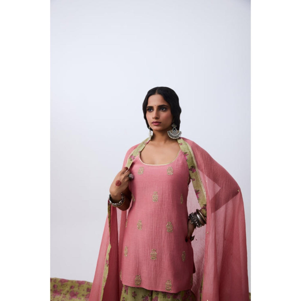 Pant AND PAJAMAS Women Chanderi Pink Kurta with Sharara