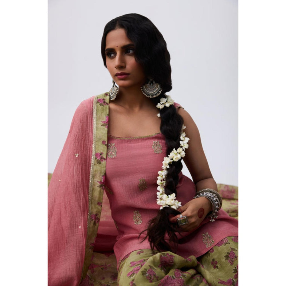 Pant AND PAJAMAS Women Chanderi Pink Kurta with Sharara