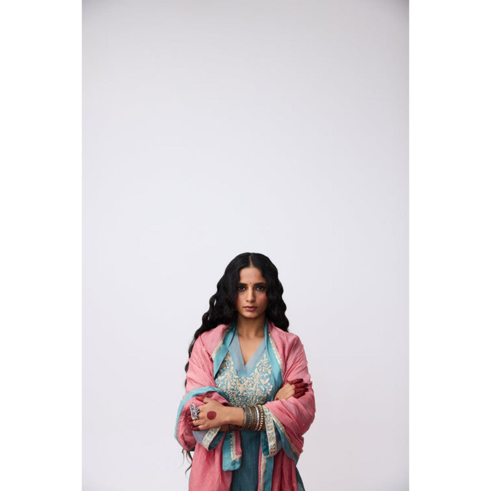 Pant AND PAJAMAS Women Cotton Silk Blue Kurta with Pant and Dupatta