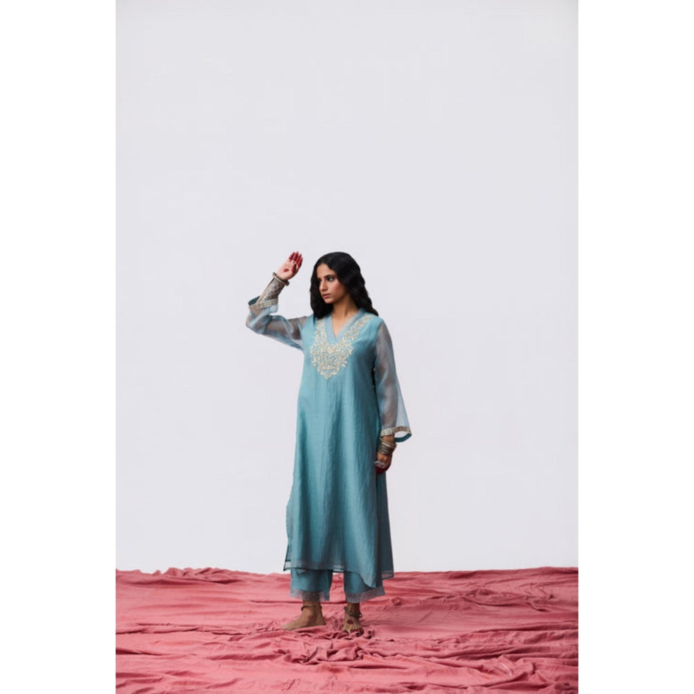 Pant AND PAJAMAS Women Cotton Silk Blue Kurta with Pant and Dupatta