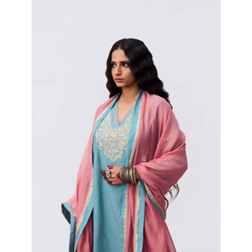 Pant AND PAJAMAS Women Cotton Silk Blue Kurta with Pant and Dupatta