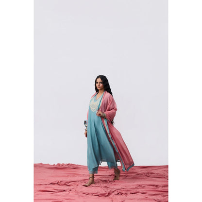 Pant AND PAJAMAS Women Cotton Silk Blue Kurta with Pant