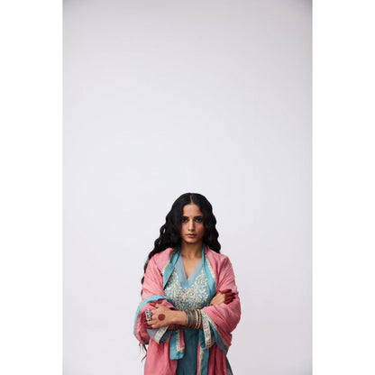 Pant AND PAJAMAS Women Cotton Silk Blue Kurta with Pant