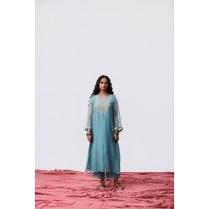 Pant AND PAJAMAS Women Cotton Silk Blue Kurta with Pant