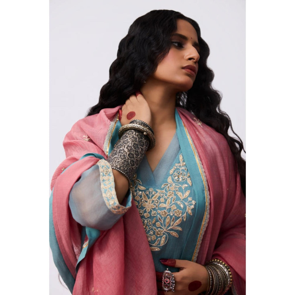 Pant AND PAJAMAS Women Cotton Silk Blue Kurta with Pant