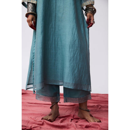 Pant AND PAJAMAS Women Cotton Silk Blue Kurta with Pant