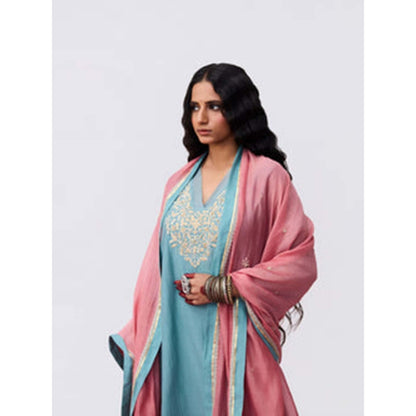 Pant AND PAJAMAS Women Cotton Silk Blue Kurta with Pant