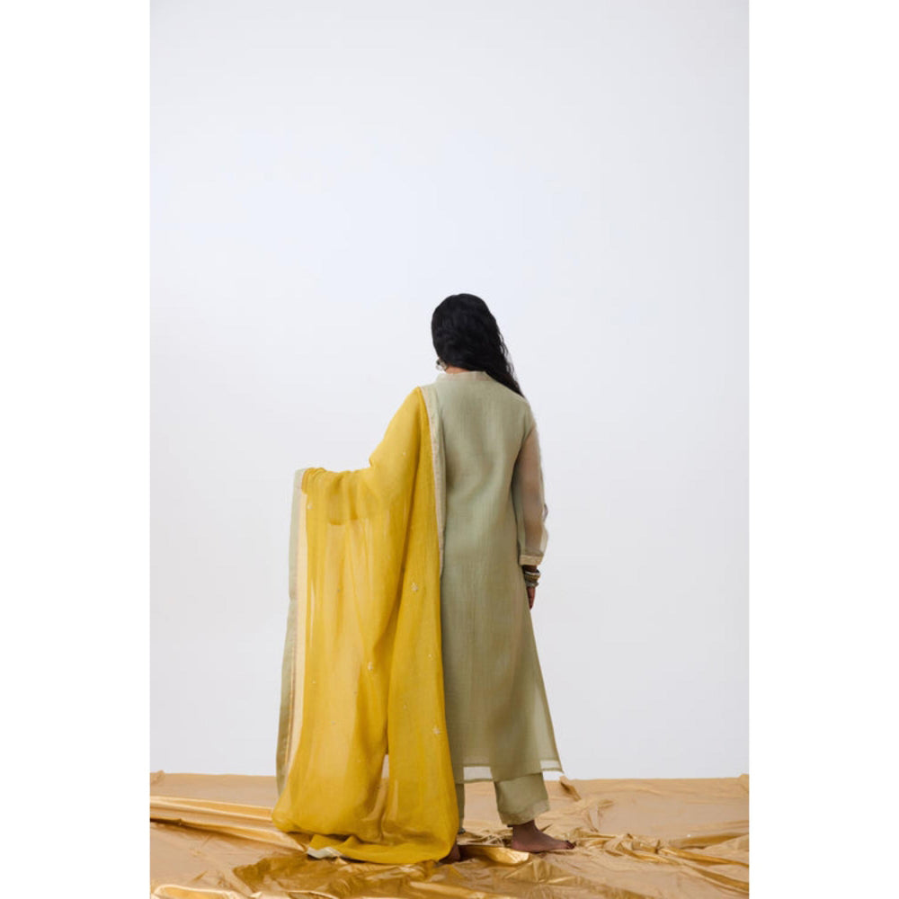 Pant AND PAJAMAS Women Cotton Silk Green Kurta with Pant and Dupatta